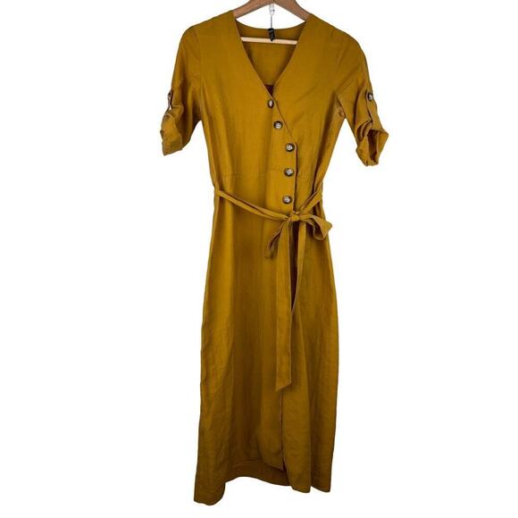 Zara trf Women's S Yellow Ochre Belted V-Neck Button Up Maxi Dress - Picture 3 of 7